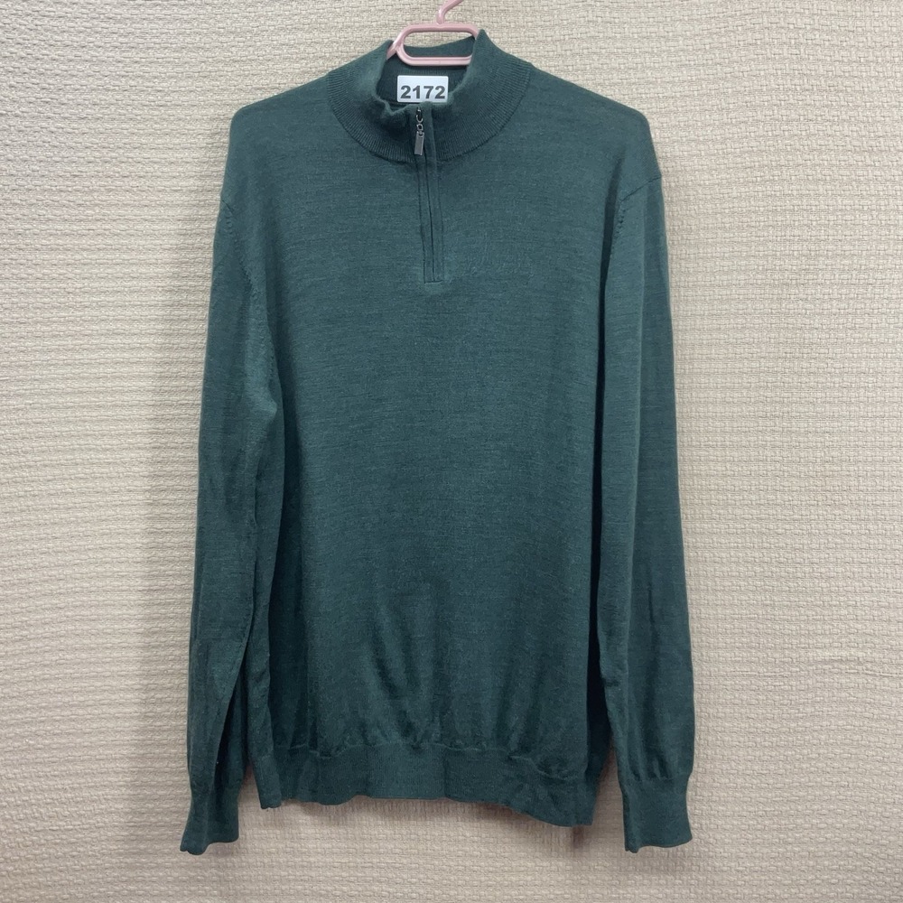 Kenneth Roberts Platinum Sweater Men's L Green 100%Merino Wool‎ Mock Neck 1/4Zip